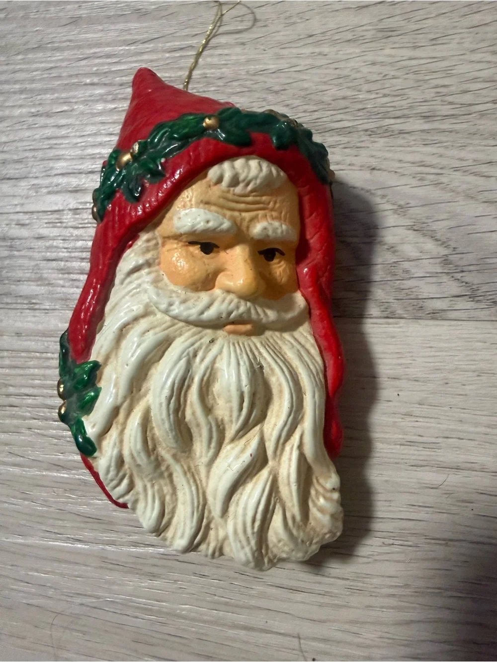Vintage Santa Claus Face Hanging Christmas Ornament Red Hood Green Holly Garland
